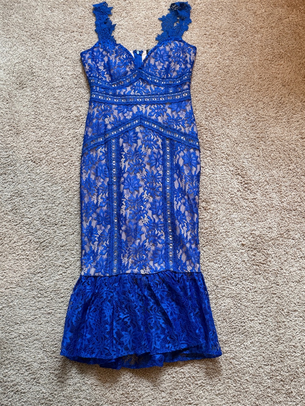 Venus Blue Lace Sheath Dress with Ruffled Hem